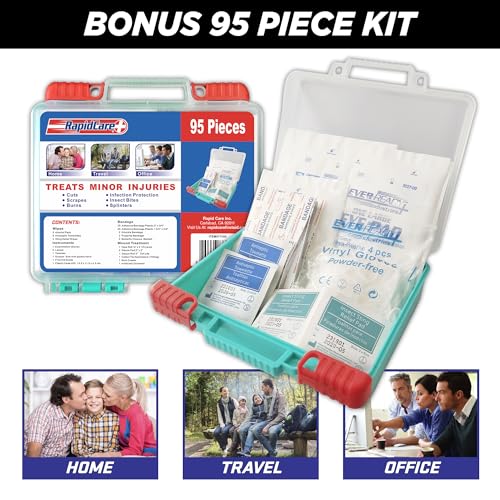 Rapid Care First Aid Kit – 300+ Piece Emergency Medical Kit with Bonus 95-Piece Travel Pack – Outdoor, Workplace, and Home...