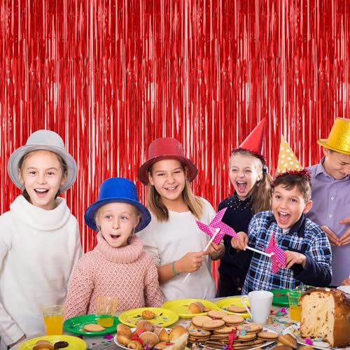 4 Pack Red Backdrop, 3.28 FT x 7.05 FT Party Streamer, Valentines Day Metallic Birthday Tinsel Backdrop Foil Fringe Curtai...