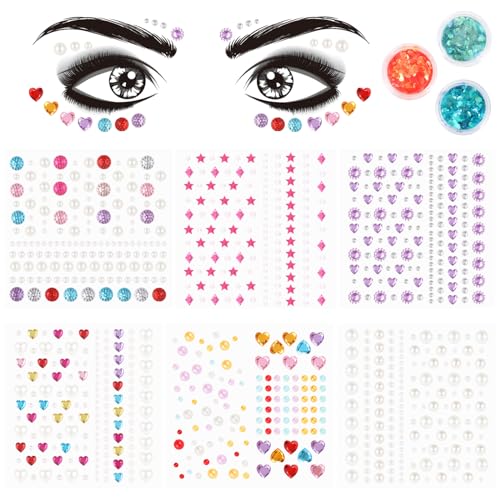 QXUJI 6 Sheets Eye Body Face Gems Jewels, Self-adhesive Rhinestone Makeup Stickers, with 3 Colors Face and Body Glitter Ge...