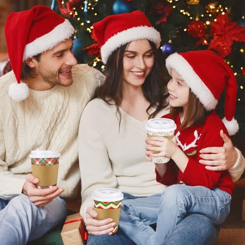 300 Pcs/100 Sets Christmas Coffee Cups with Lids and Sleeves 12 oz Disposable Christmas Paper Cups Party Drinking Cups for...
