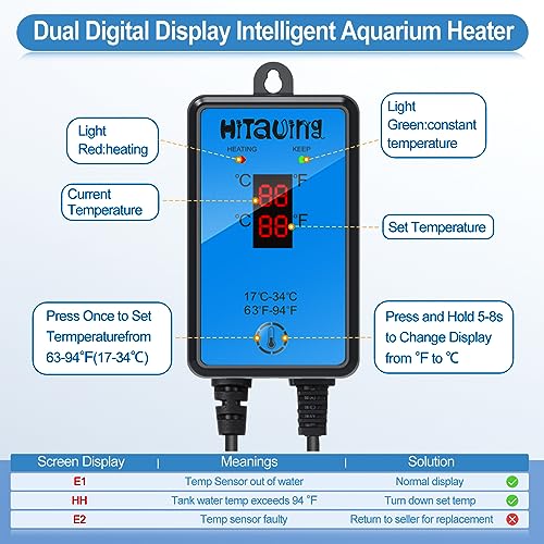 HiTauing Aquarium Heater, Upgraded 300W/500W Fish Tank Heater with Intelligent Leaving Water Automatically Stop Heating an...