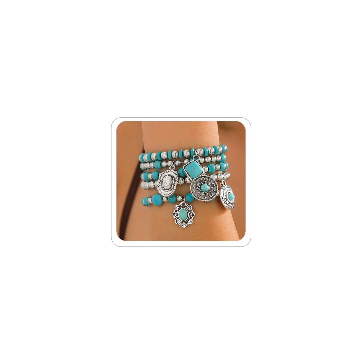 LKingel Turquoise Western Bracelets for Women Bohemian Vintage Stackable Turquoise Bracelet Rustic Beaded Cow Head Charm Stretch