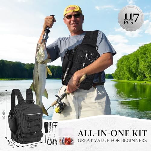 FUNANASUN 117Pcs Fishing Backpack with Tackle Boxes, Waterproof Fishing Tool Kit with Pliers, Fish Hook Remover, Lip Gripp...