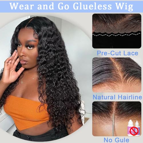 Glueless Wigs Human Hair Pre Cut 5x5 Lace Closure Deep Wave Wig 180% Density Wear and Go Human Hair Curly Wigs for Black Women Natural Black Color Small Head Friendly 26Inch