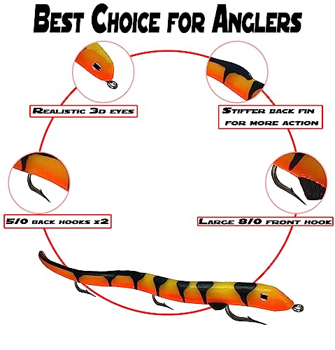Delong Lures - 13" KILR EEL Musky Pike Cobia Soft Plastic Lure, Best Baits for Muskie Northern Pike Cobia Freshwater Saltw...