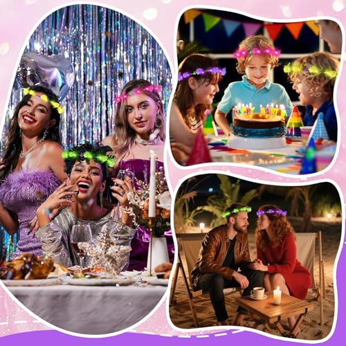 YOFOBU 24PCS LED Flower Crown,Pink Light Up Flower Headband for Women,Glow in The Dark Flower Wreath Crowns for Weddings,B...