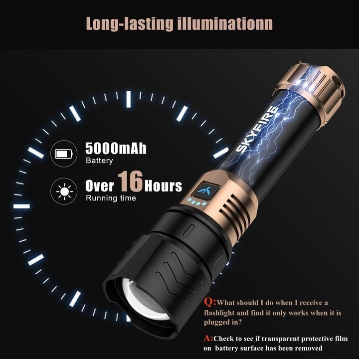SKYFIRE LED Flashlights High Lumens with Ignition Lens,2000lm Super Bright Rechargeable Flashlight, Zoomable,Four Modes,Wa...
