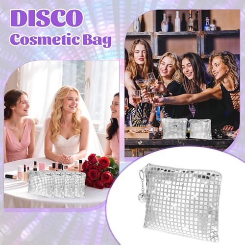 12 Pcs Disco Cosmetic Bags with Zipper Disco Party Favors Silver Glitter Sequin Mirror Makeup Bags for Bachelorette Bridal...