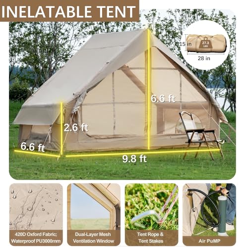 Mordern Outdoor Inflatable Tent with Pump for 4-6 Person - Easy Setup, 4 Season Waterproof, Large Space, 12 Mesh Windows B...