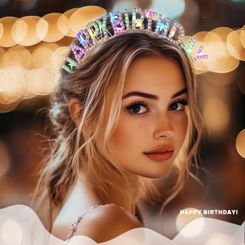 Aceorna Light Up Birthday Headband LED Gold Rhinestone Happy Birthday Crown and Sash Glitter Accessory Set for Women