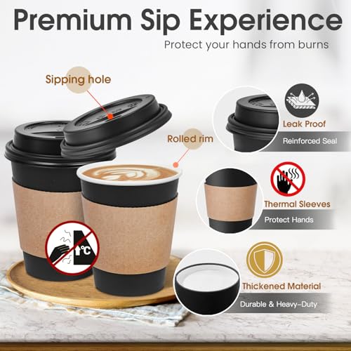 Ginkgo 100 Pack 12 oz Disposable Coffee Cups with Lids and Sleeves, To Go Leak-Proof Black Paper Cups for Picnics, Partie...