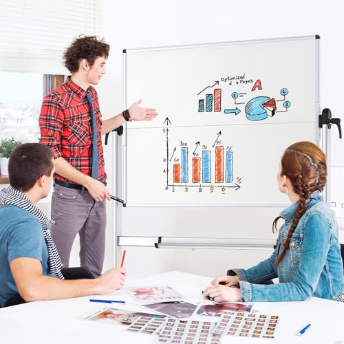 VIZ-PRO Double-Sided Mobile Whiteboard, 48 x 36 Inches, Magnetic Rolling Dry Erase White Board on Wheels with Aluminium Fr...