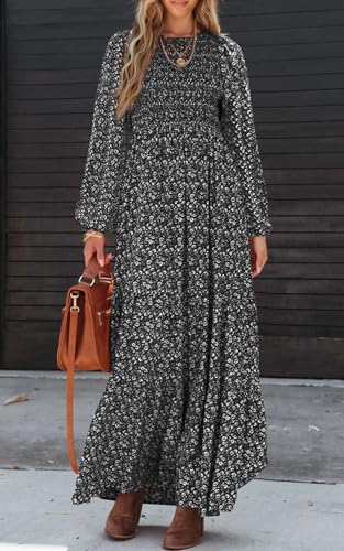 PRETTYGARDEN Women's Spring Dresses 2026 Long Sleeve Flowy Casual Floral Maxi Dress Crew Neck Smocked Tiered Long Dress