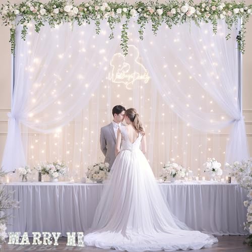 10x10ft White Tulle Backdrop Curtain with Lights String for Parties Wedding Twinkle Sheer Backdrop Curtains for Bridal Sho...