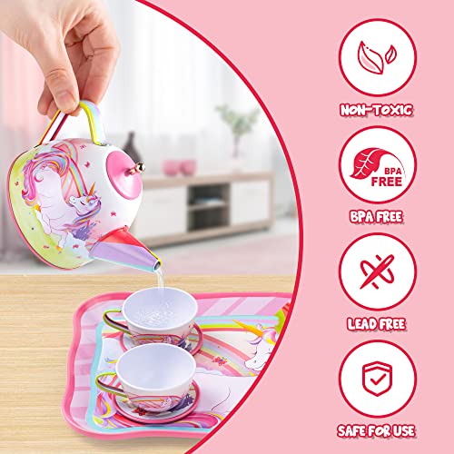 JOYIN Unicorn Tea Party Set for Little Girls, Pretend Pink Tin Teapot Set, Princess Tea Time Play Kitchen Toy with Teapot,...