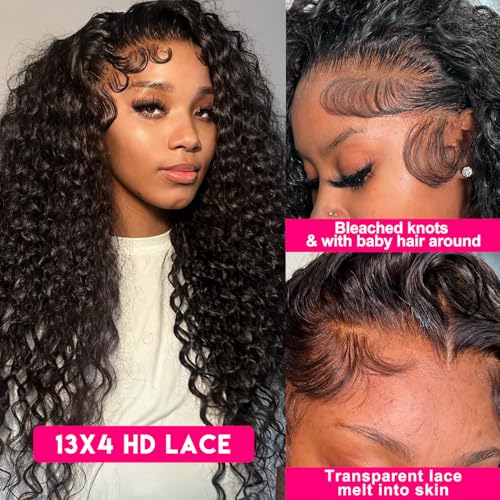 FIRIEYA 13x4 Deep Wave Lace Front Wigs Human Hair 180% Density Glueless HD Transparent Lace Frontal Human Hair Wigs Pre-Plucked with Baby Hair Natural Color (20inch, Natural Black)