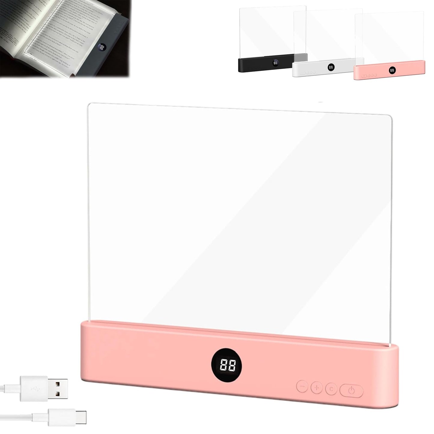 LED Reading Light, Rechargeable Clear Flat Book Light with 3 Colors & Timer, Dimmable Book Lights for Reading at Night, Doodleable Panel Plate Lamp Full Page Lights, for Book Lovers (Pink)