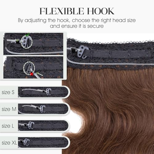 Halo Hair Extensions Real Human Hair Invisible Wire Extensions with Transparent Fish Line Wavy Curly Halo Clip in Human Hairpieces Medium Brown 18 Inch