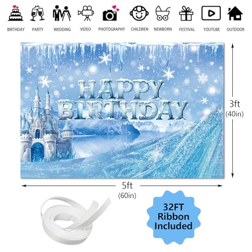 Ice Snow Castle Theme Happy Birthday Photography Backdrop - 5x3ft Winter Princess Background Photo Booth Banner Props for ...