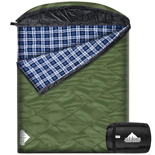 AGEMORE Cotton Flannel Double Sleeping Bag with Fleece Lined Hood, Waterproof Queen Size 2 Person Sleeping Bag for Adults ...