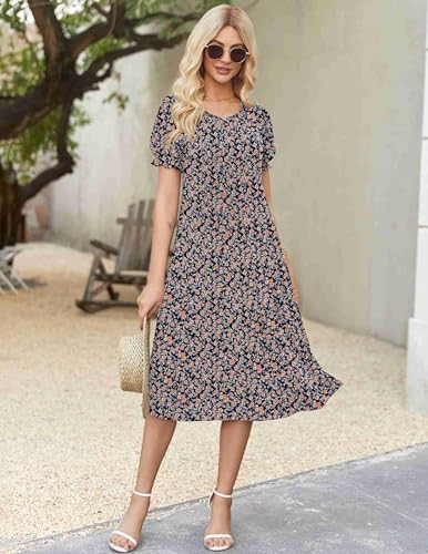 Zeagoo Womens Summer Dress Casual Midi Dresses 2026 Short Puff Sleeve Flare Dress Pleated Flowy Sundress with Pockets