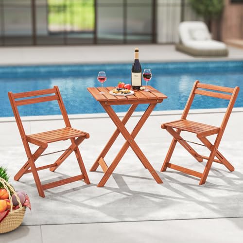 Tangkula 3 Pieces Solid Wood Patio Bistro Set with 2 Folding Chairs, Outdoor Table and Chairs Set, Balcony Furniture Set, ...