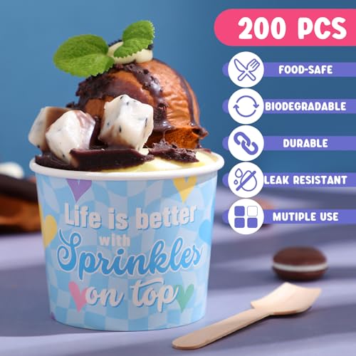 Ninehaoou 200 Sets 6 oz Ice Cream Paper Cups with Wooden Spoons Bulk Ice Cream Sundae Bar Supplies Disposable Dessert Bowl...