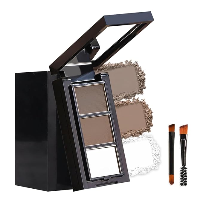 Brown Eye Brow Powder for Women, Light Medium Matte Gray White Eyebrow Powder Kit with Brush, Long-Lasting 3 Colors Brow Palette, Filler for Full, Defined Natural Brows Shaping