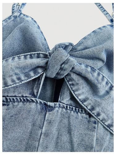 OYOANGLE Women's Vintage Bowknot Spaghetti Strap Denim Romper Sleeveless Wide Leg Jean Short Jumpsuits