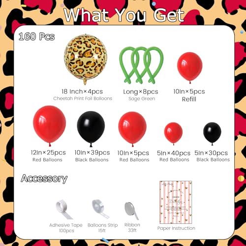 Onemere Red and Black Balloons Arch Kit 160pcs Cherry Birthday Decorations, 4pcs Foil Cheetah Print Balloons for Baby Show...