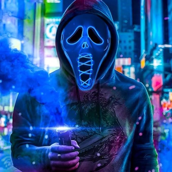 ROMINVIC Ghost Face Mask,Halloween LED Screm Mask Scary Skull Mask Horror Full Head Masque Decorations Costume Creepy Cosplay (Blue)