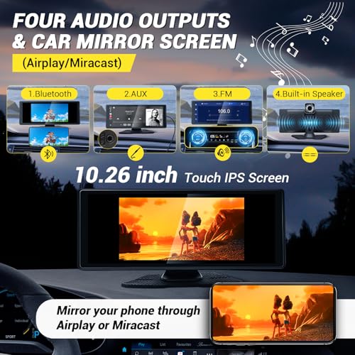 NOVCAPAR 10.26" Wireless Carplay Screen for Car,Portable CarPlay&Android Auto,4K Dash Cam,1080P Backup Camera,Touchscreen ...