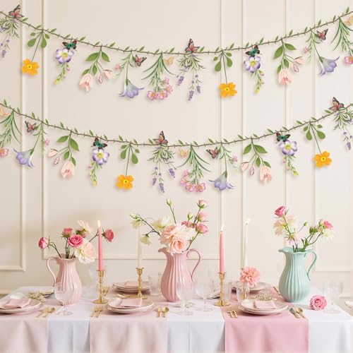 Ghegicu 2PCS Flower Banner Reusable Wildflower Garland Floral for Spring Party Enchanted Garden Theme Picnic Wedding Baby ...