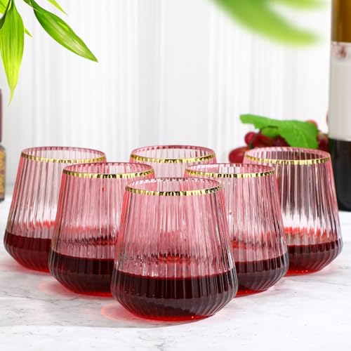 Singhoow 24 Pcs Valentine Pink Plastic Wine Glasses Ribbed Disposable Wine Glasses Unbreakable Stemless Champagne Whiskey ...