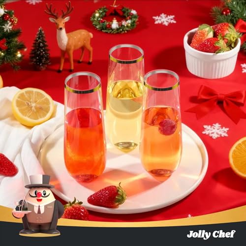 JOLLY CHEF 36 Pack 9 Oz Plastic Champagne Flutes, Gold Stemless Plastic Toasting Glasses| Shatterproof | Heavy Duty | Plas...