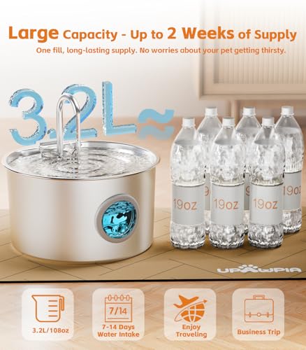 108oz/3.2L Stainless Steel Cat Water Fountain with Detachable Tank, Easy to Clean & Assemble, Pet Drinking Dispenser with ...