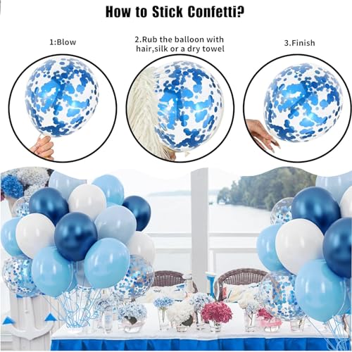 Blue and White Balloons, 50pcs 12 inch Blue White Confetti Balloons Kit, Metallic Chrome Blue Latex Balloons for Birthday,...