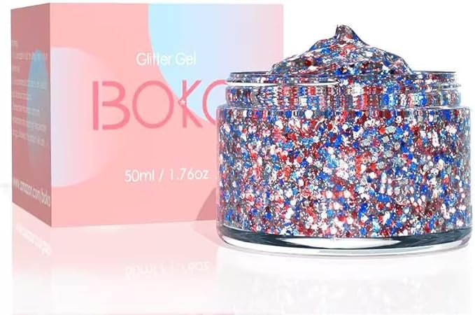 Boko 50ML Body Glitter Gel, Red White Blue 4th of July Chunky Glitter for Face Hair Body Makeup, Patriotic Glitter for USA...