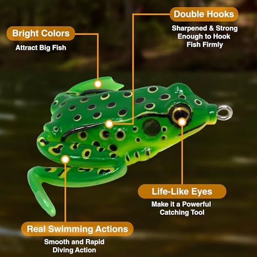 Reaction Tackle Hollow Body Frogs with Swimming Legs for Bass Fishing - Ultra Realistic Weedless Top Water Frog Lure for B...