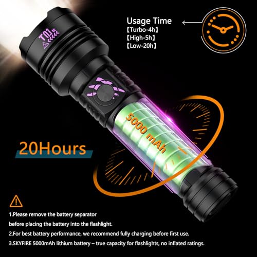 SKYFIRE Rechargeable Flashlights High Lumens: LED Super Bright Flashlight 3000lm Zoomable 5 Modes Tactical Waterproof Powe...