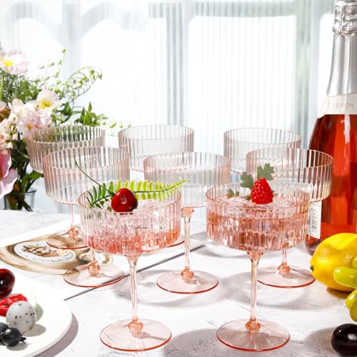 Jingmore 24 Pcs Ribbed Martini Glasses 10 oz Disposable Plastic Vintage Ribbed Coupe Glasses Cocktail Unbreakable Dessert ...