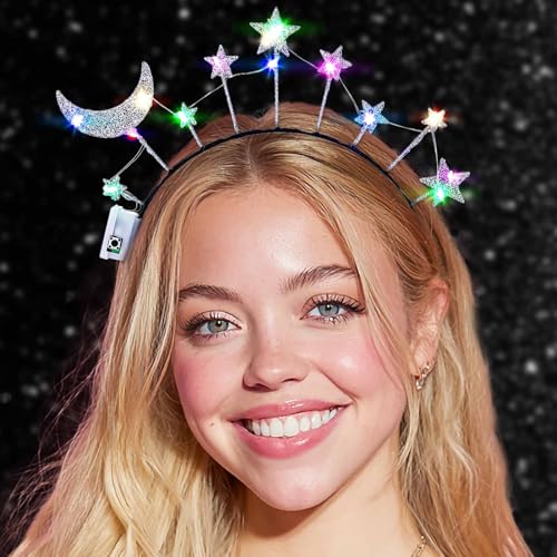 Olbye Light up Moon Star Headband Glitter Halo Headbands Flashing Headpiece Glow in Dark Hairbands Led Festival Hair Acces...