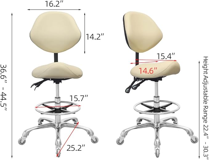 Saddle Stool Chair with Back Support Footrest, Heavy-Duty(350LBS), Hydraulic Rolling Swivel Adjustable Stool Chair for Salon Spa Beauty Massage Dental Clinic Home Office Use(Beige)
