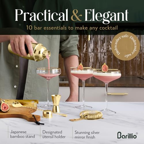 Barillio Gold Bartender Kit - Stainless-Steel Cocktail Shaker Set w/Bamboo Stand - Mixology Bar Tools w/Shaker, Drink Mixe...