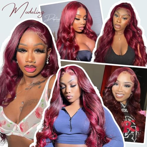 ABALON 99j Burgundy Body Wave Lace Front Wigs Human Hair Wine Red 13x4 HD Lace Frontal Wigs Human Hair Pre Plucked 200% Density Glueless Wigs for Women 20 Inch