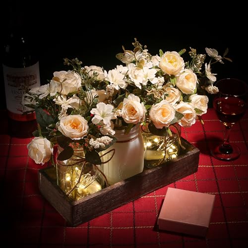 DUOER 3 Pcs Mason Jar Centerpiece Table Decorations for Dining Table Decor Farmhouse Coffee Table Decor with Wood Tray and...