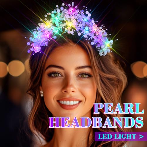 JEAIRTS Light Up Beaded Crown Headband Silver Glow Bridal Pearl Headpiece Flashing Costume Prom Hair Accessories for Women