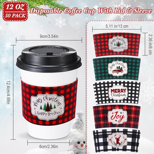 Yungyan 50 Pack 12 oz Christmas Disposable Coffee Cups with Lids and Sleeves Paper Hot Chocolate Cups Cocoa Bar Supplies f...