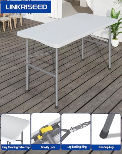 Linkriseed 4FT White Folding Table for Outdoor, 4 Foot Picnic Tables No Assembly Required Portable, White Foldable Table f...