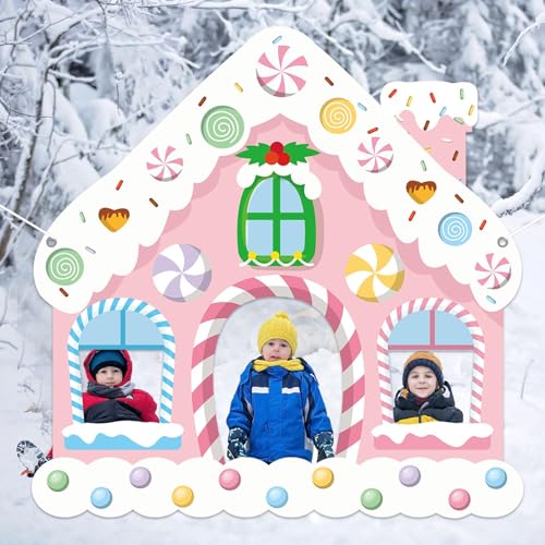 Large Christmas Gingerbread House Photo Booth Props Pink Gingerbread House Birthday Party Supplies Fabric Backdrop Door Ba...